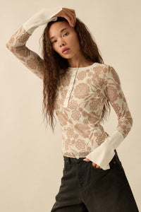 Windswept Petals Floral Mesh Split-Cuff Henley Top - ShopPromesa