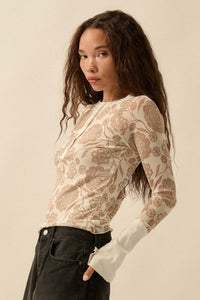 Windswept Petals Floral Mesh Split-Cuff Henley Top - ShopPromesa
