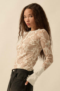 Windswept Petals Floral Mesh Split-Cuff Henley Top - ShopPromesa