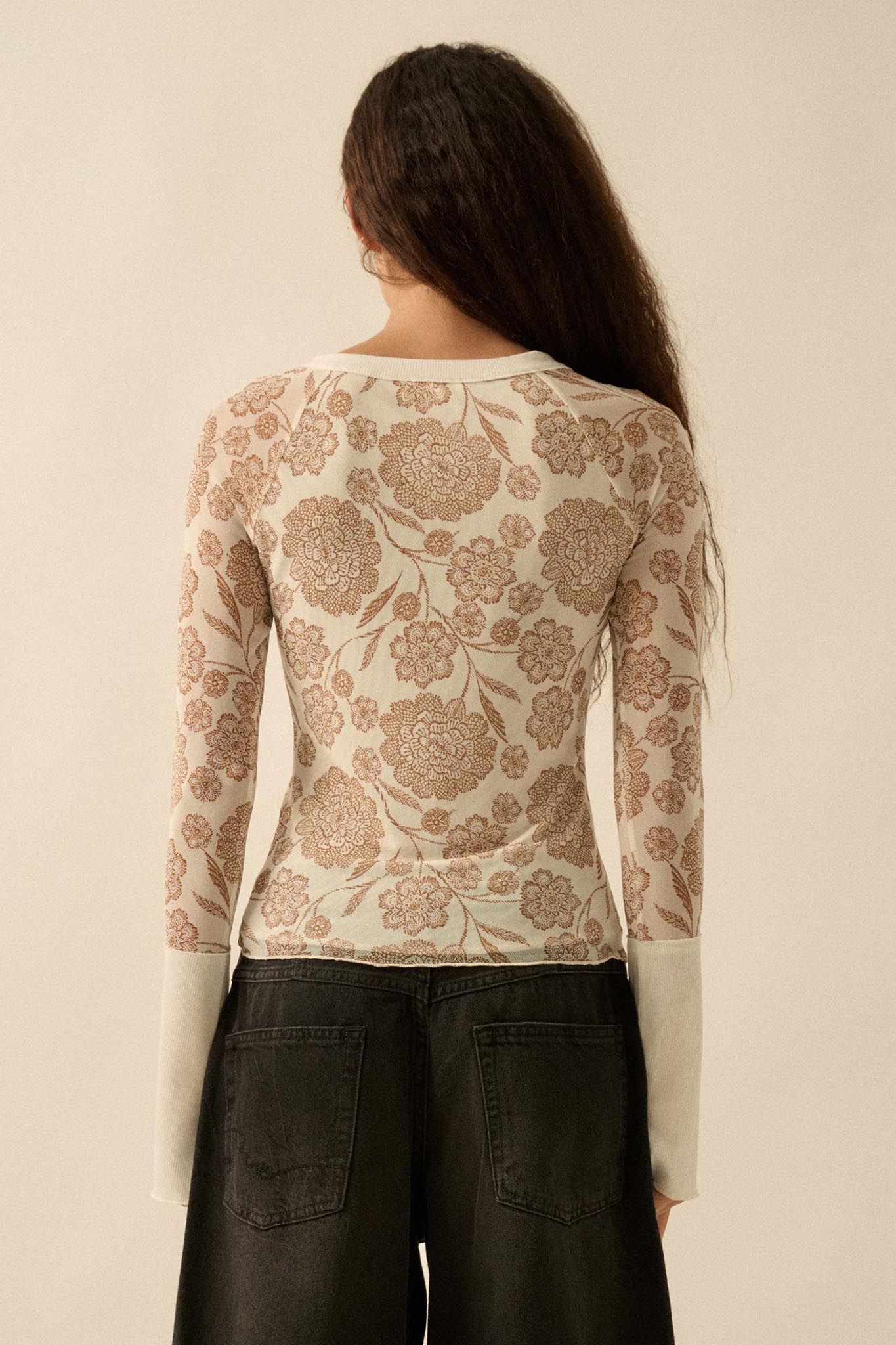 Windswept Petals Floral Mesh Split-Cuff Henley Top - ShopPromesa