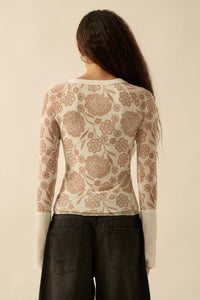 Windswept Petals Floral Mesh Split-Cuff Henley Top - ShopPromesa
