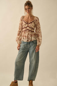 Strong Roots Floral Crepe Velvet-Trim Peasant Top - ShopPromesa