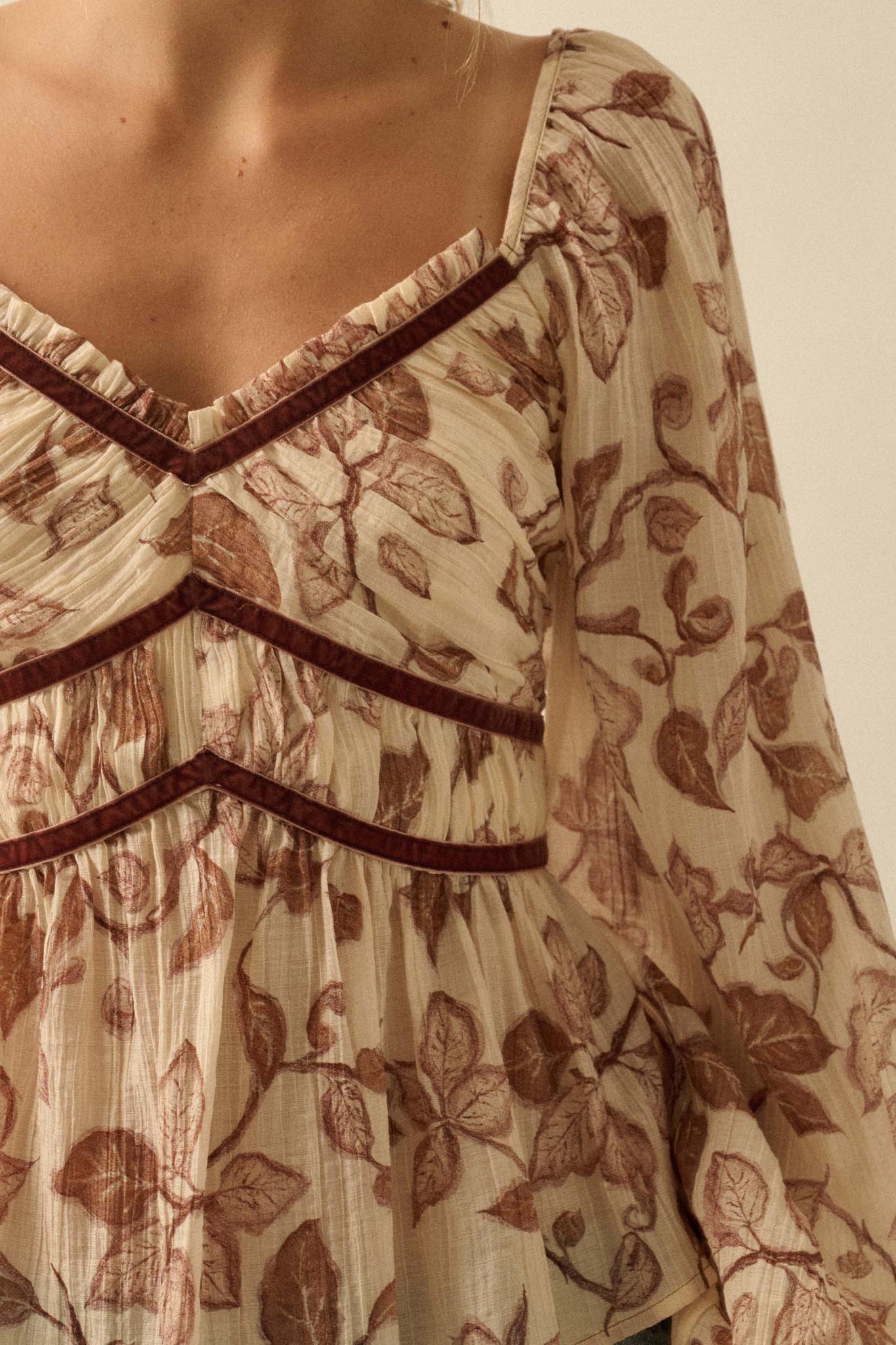 Strong Roots Floral Crepe Velvet-Trim Peasant Top - ShopPromesa
