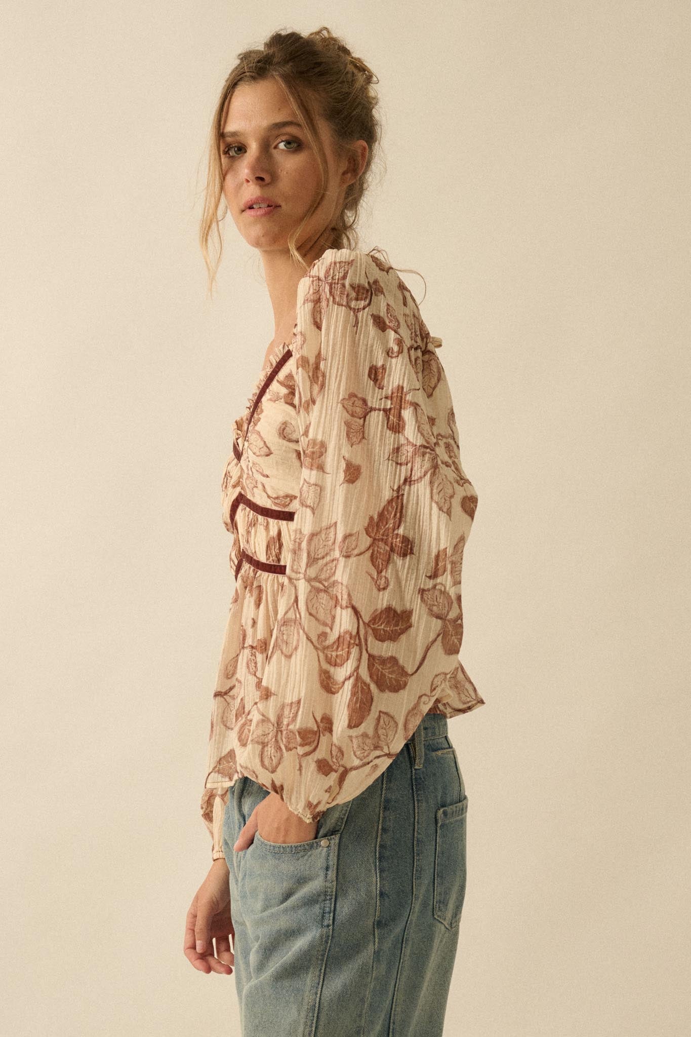 Strong Roots Floral Crepe Velvet-Trim Peasant Top - ShopPromesa