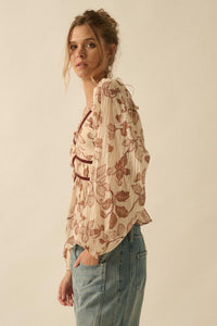 Strong Roots Floral Crepe Velvet-Trim Peasant Top - ShopPromesa