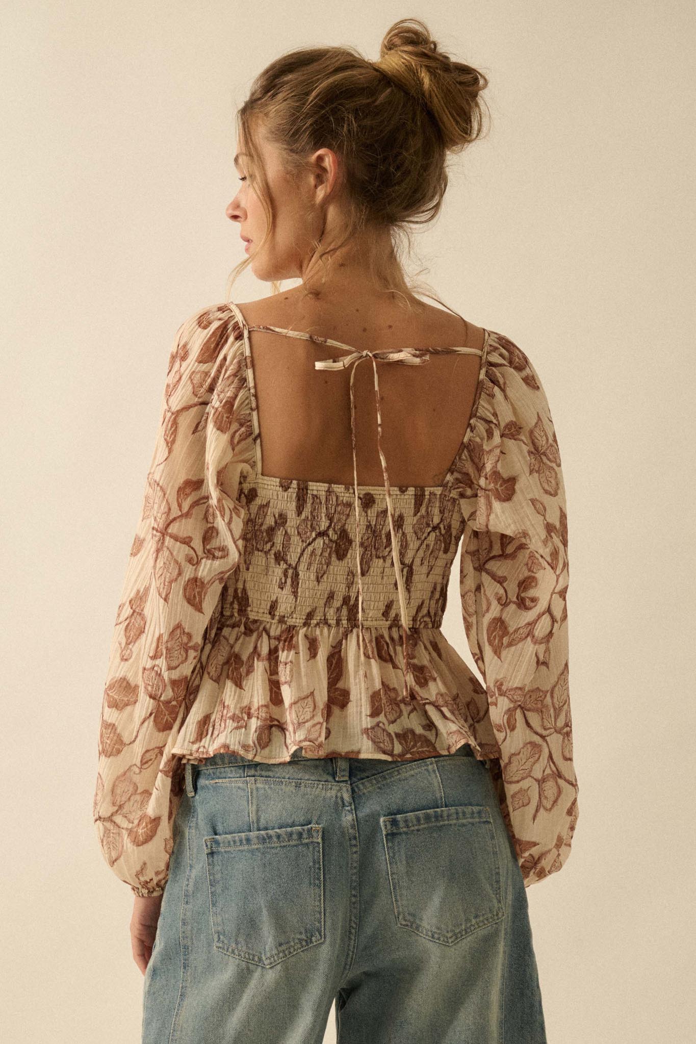 Strong Roots Floral Crepe Velvet-Trim Peasant Top - ShopPromesa