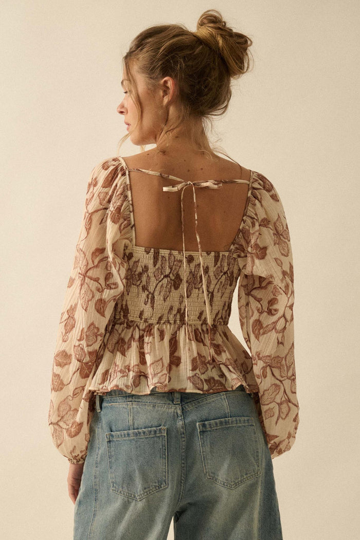 Strong Roots Floral Crepe Velvet-Trim Peasant Top - ShopPromesa