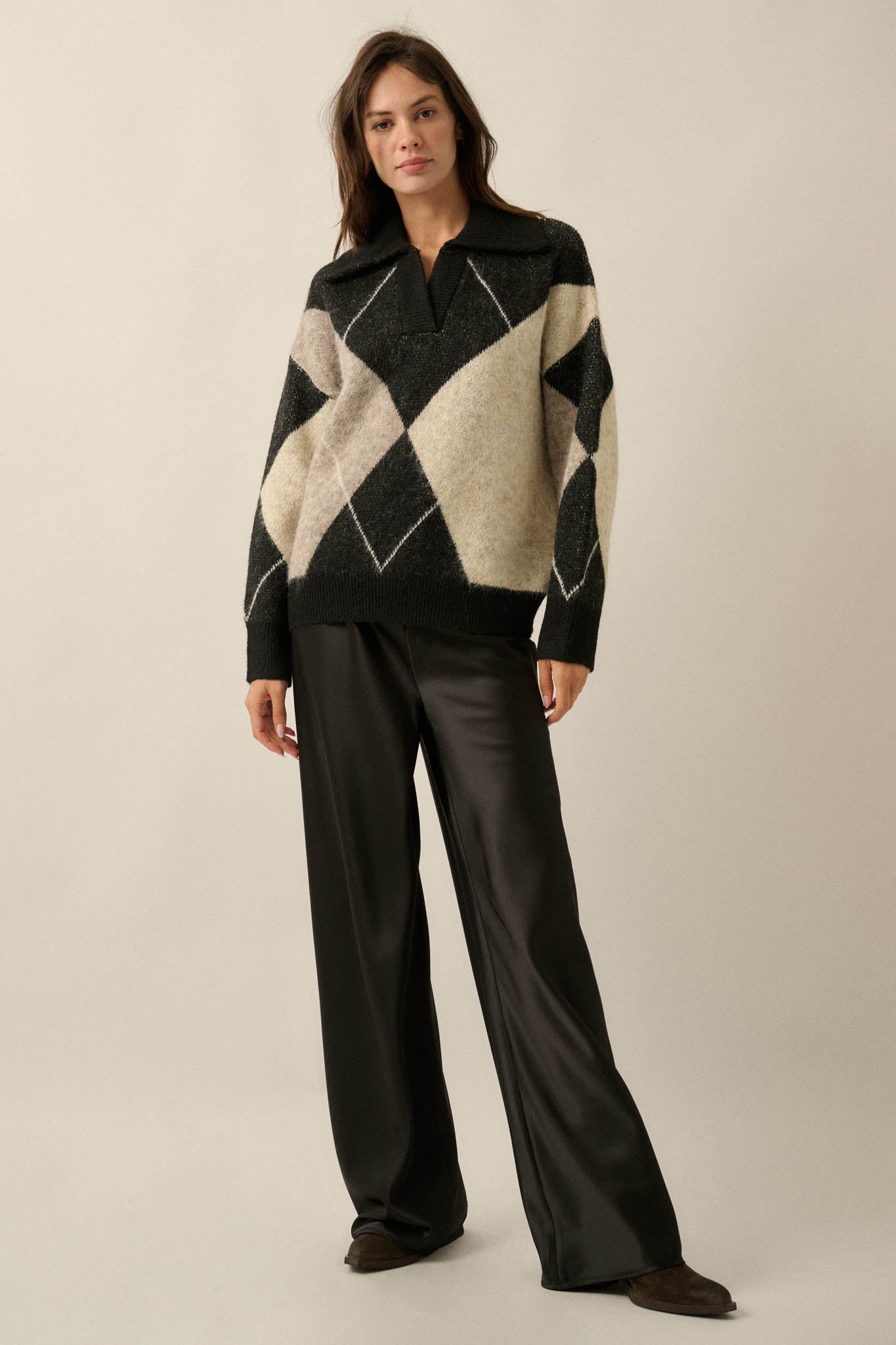 Crossing Paths Argyle Knit Collared Sweater - ShopPromesa
