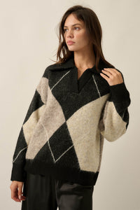 Crossing Paths Argyle Knit Collared Sweater - ShopPromesa