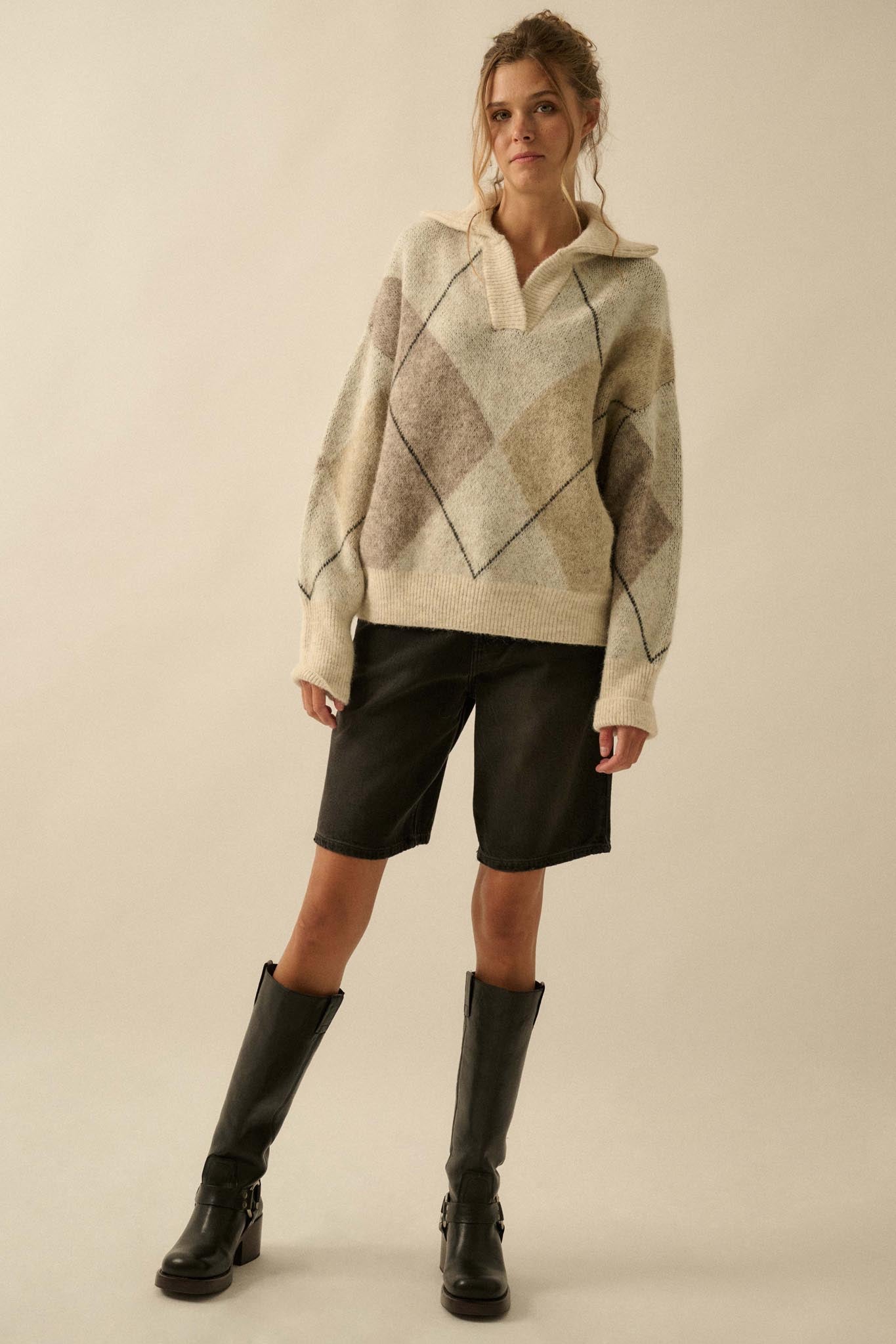 Crossing Paths Argyle Knit Collared Sweater - ShopPromesa