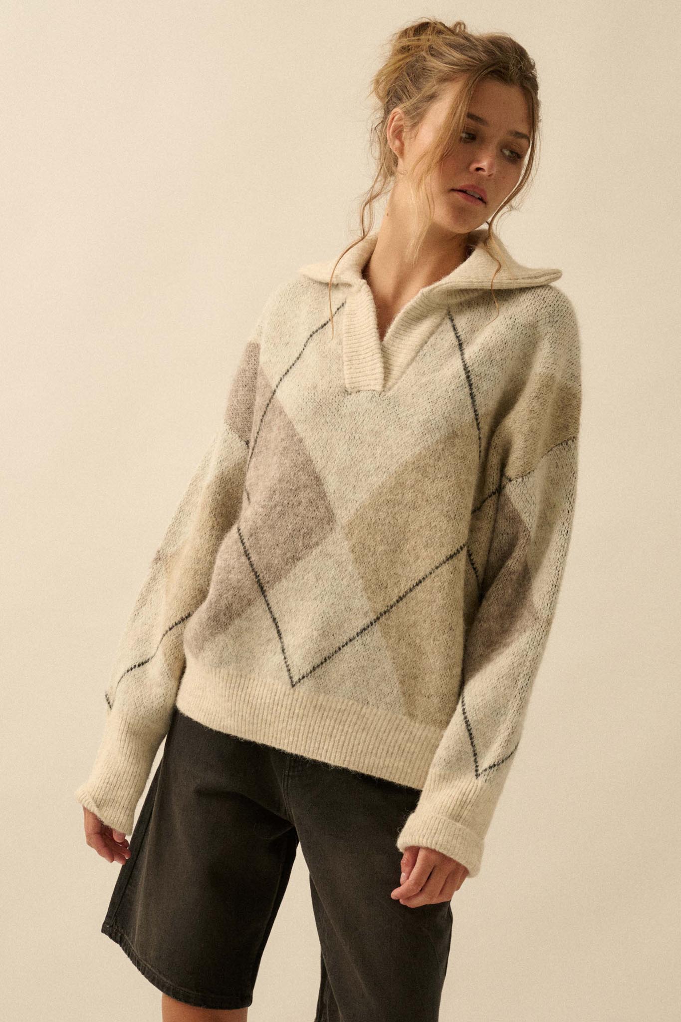 Crossing Paths Argyle Knit Collared Sweater - ShopPromesa