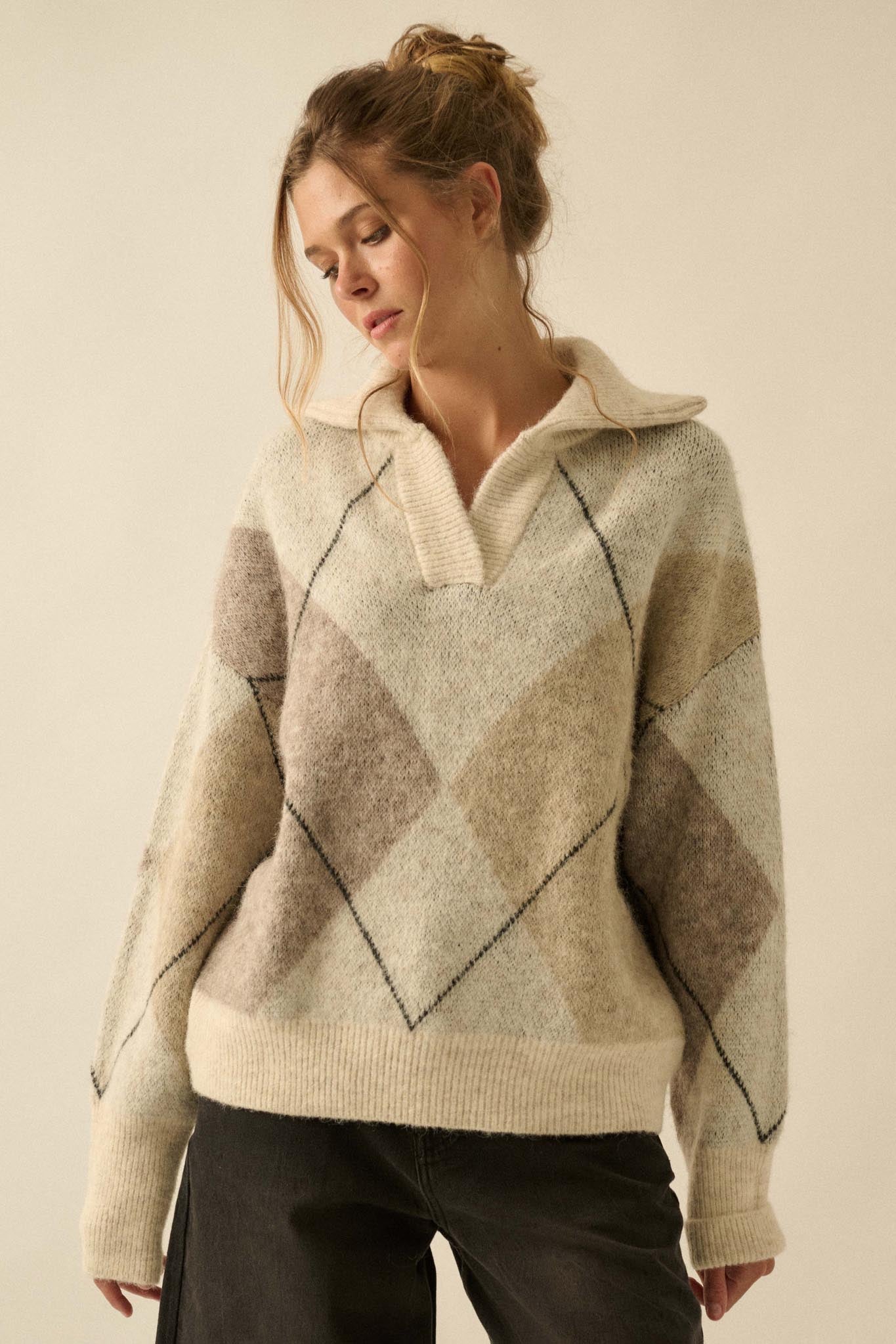 Crossing Paths Argyle Knit Collared Sweater - ShopPromesa