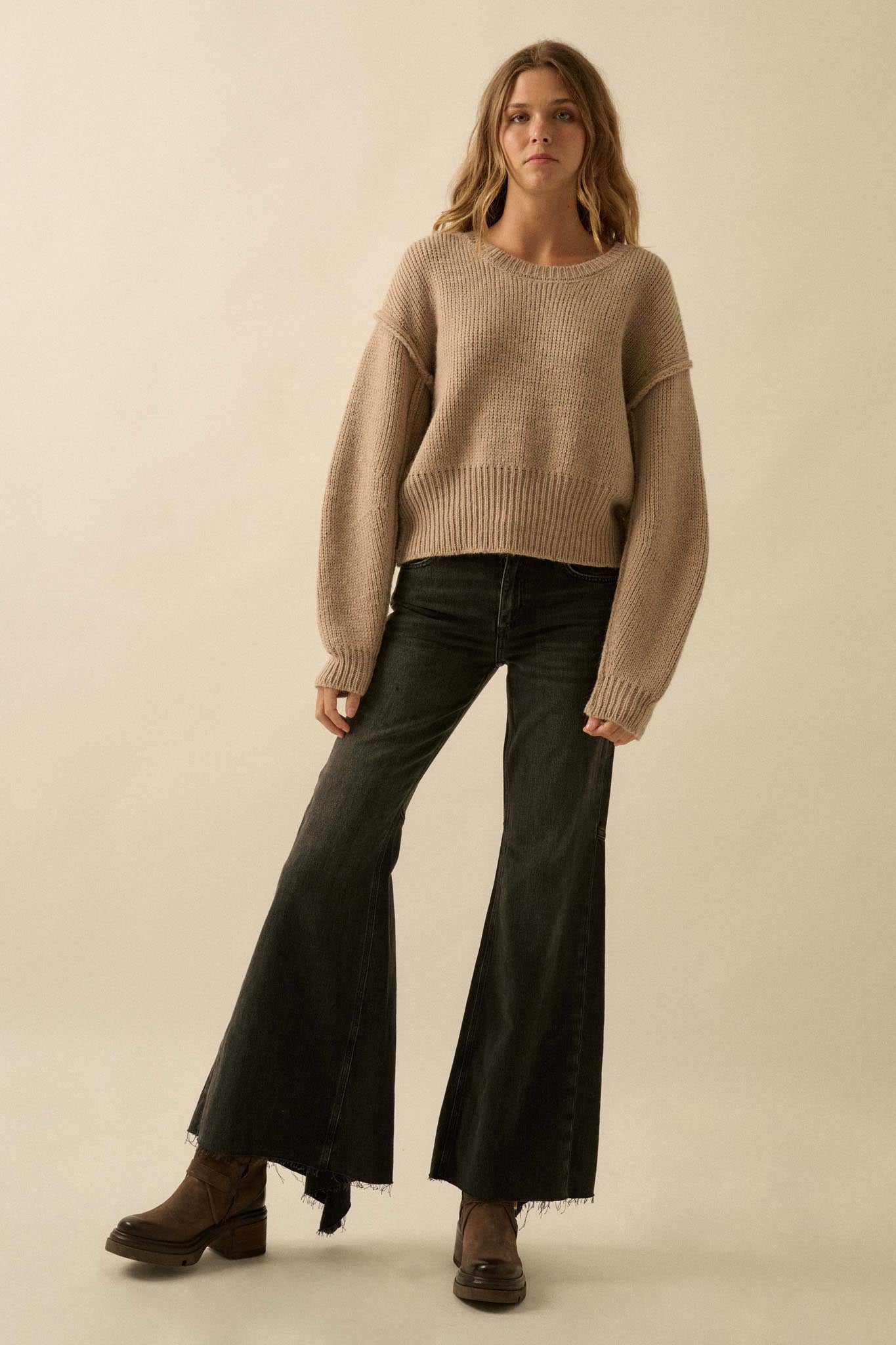 Good to Go Exposed-Seam Banded-Hem Sweater