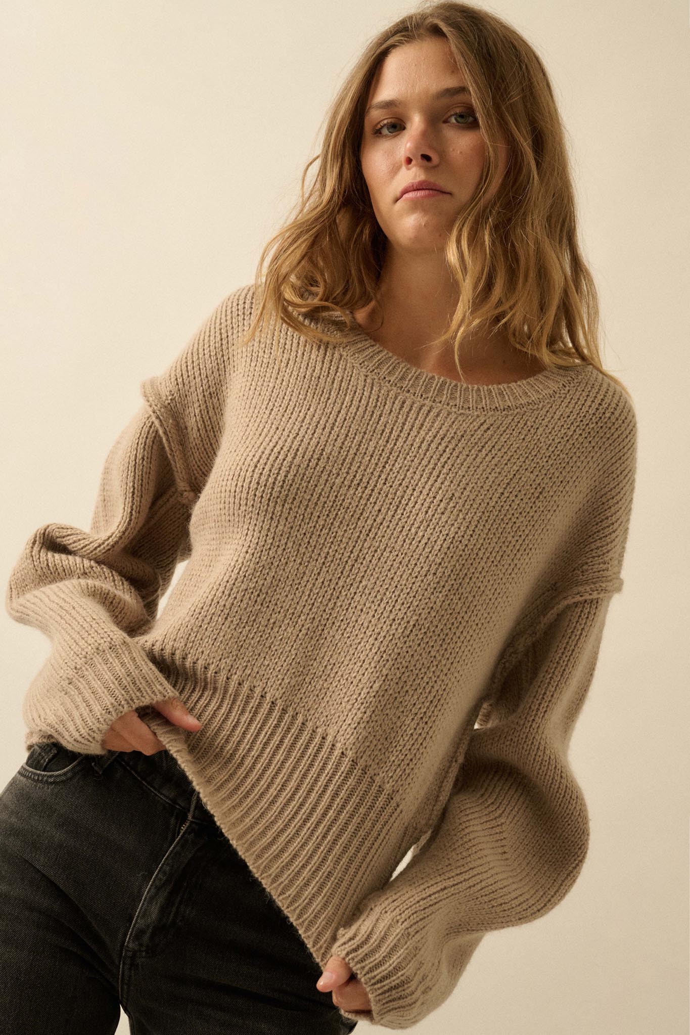 Good to Go Exposed-Seam Banded-Hem Sweater