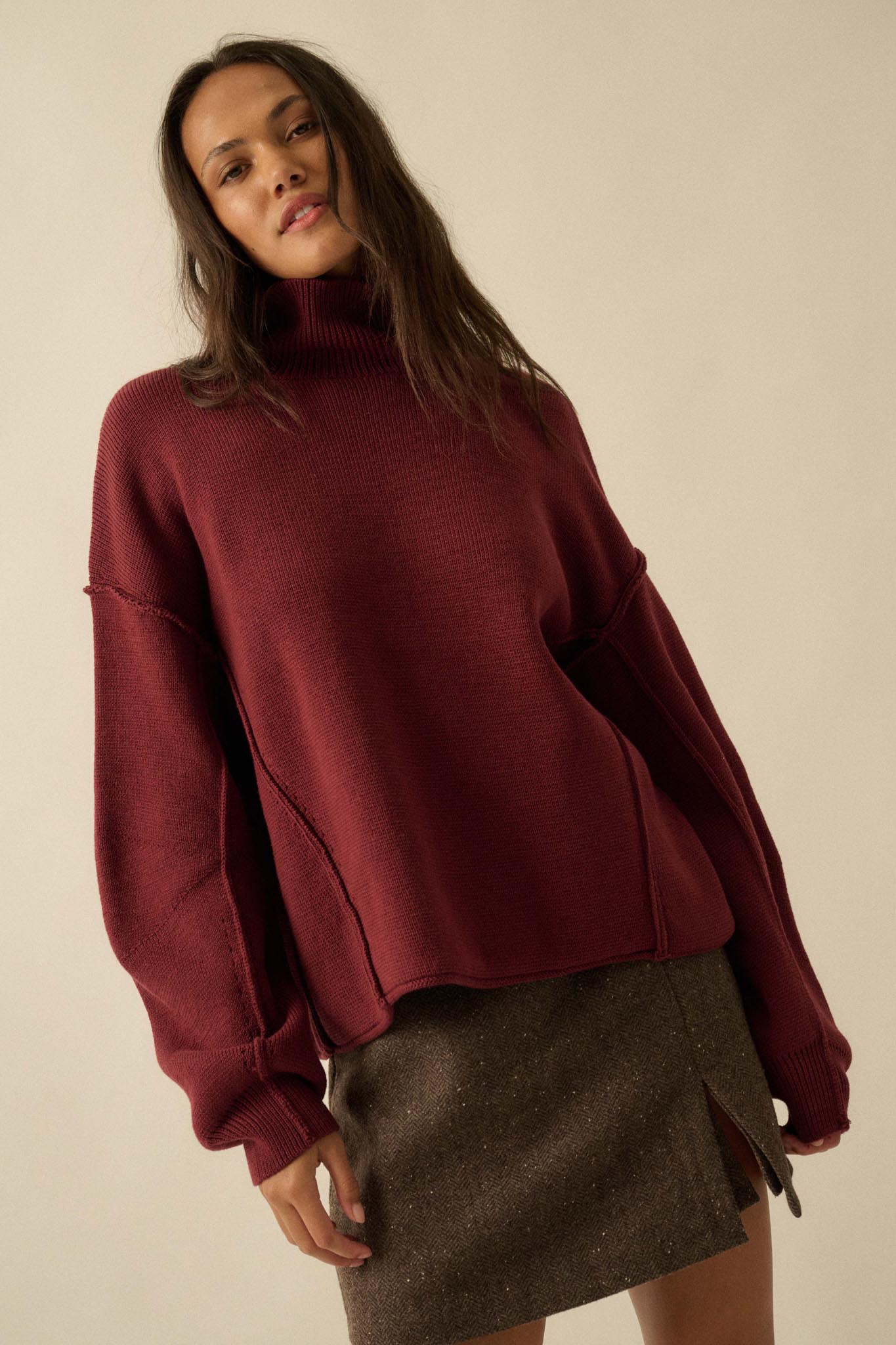 Me Time Paneled Exposed-Seam Mock-Neck Sweater - ShopPromesa