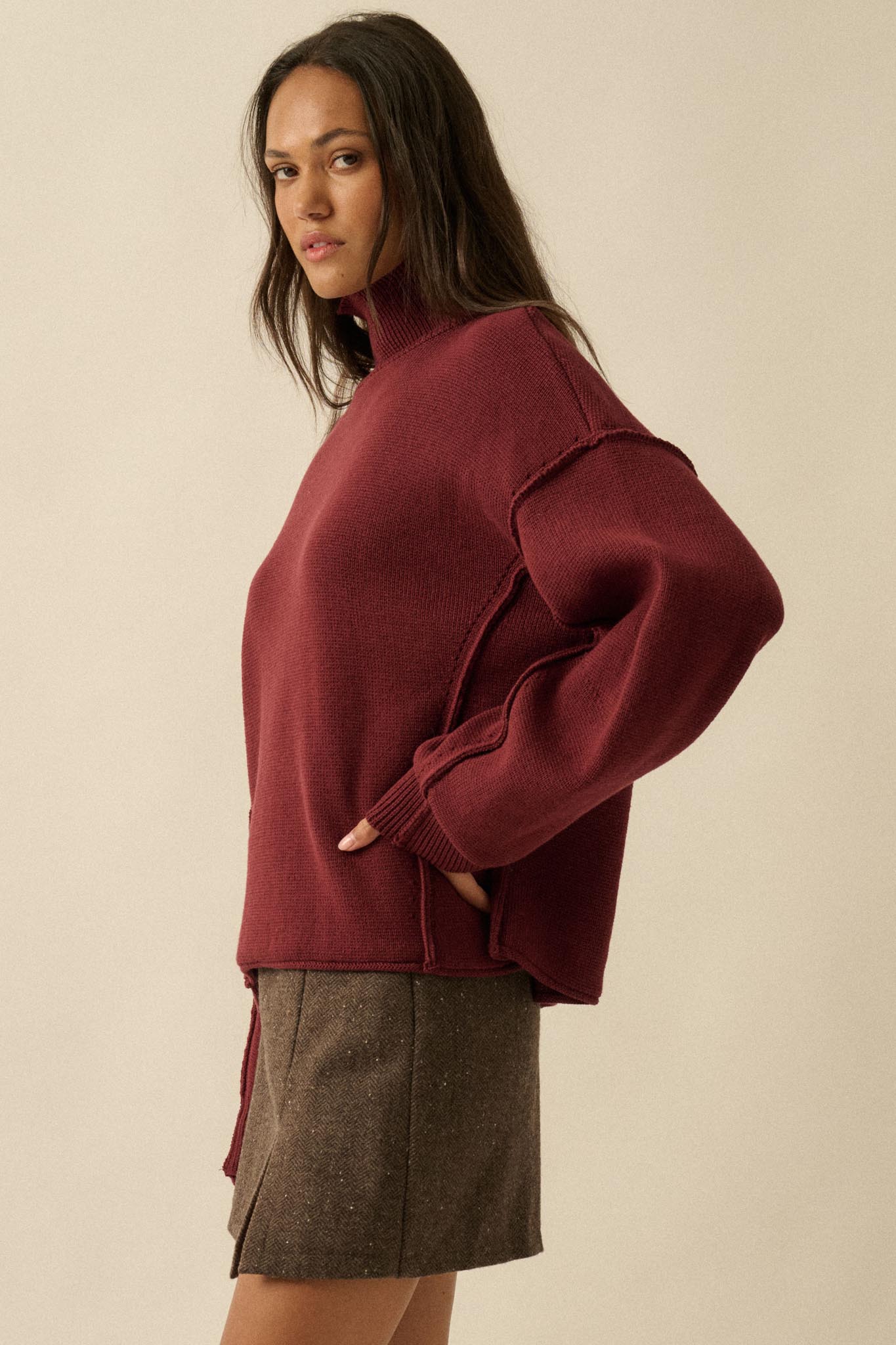 Me Time Paneled Exposed-Seam Mock-Neck Sweater - ShopPromesa