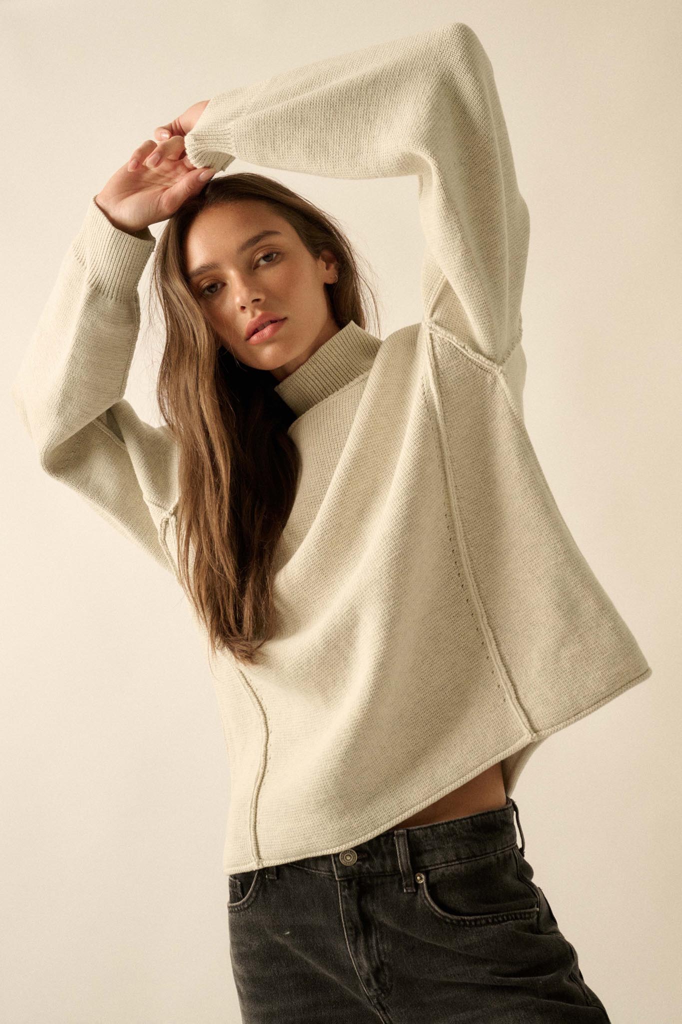 Me Time Paneled Exposed-Seam Mock-Neck Sweater - ShopPromesa