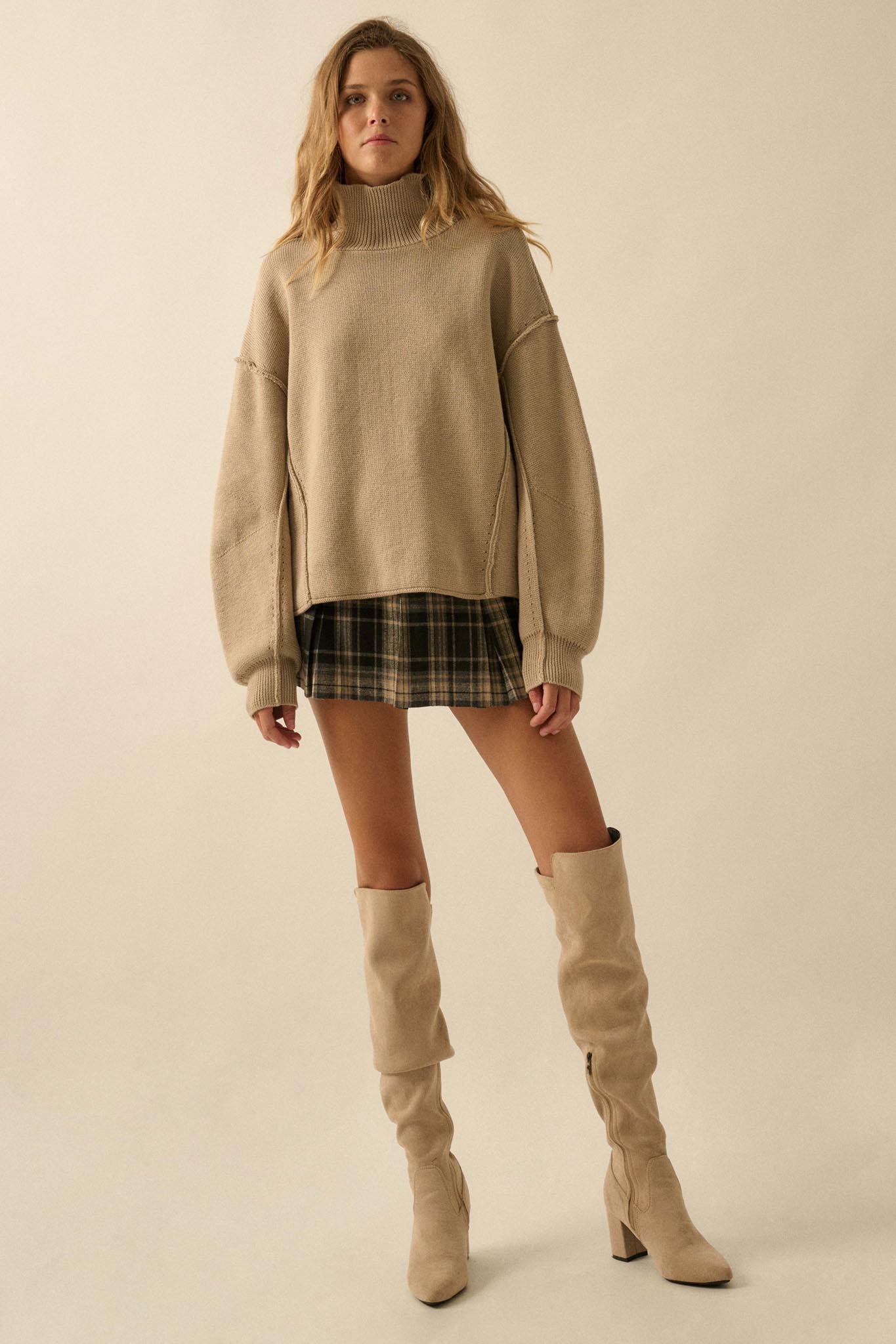 Me Time Paneled Exposed-Seam Mock-Neck Sweater - ShopPromesa