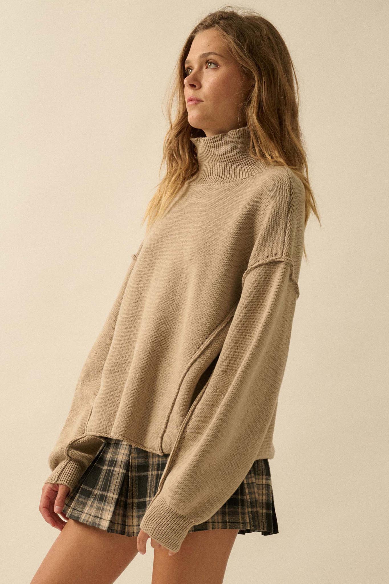 Me Time Paneled Exposed-Seam Mock-Neck Sweater - ShopPromesa