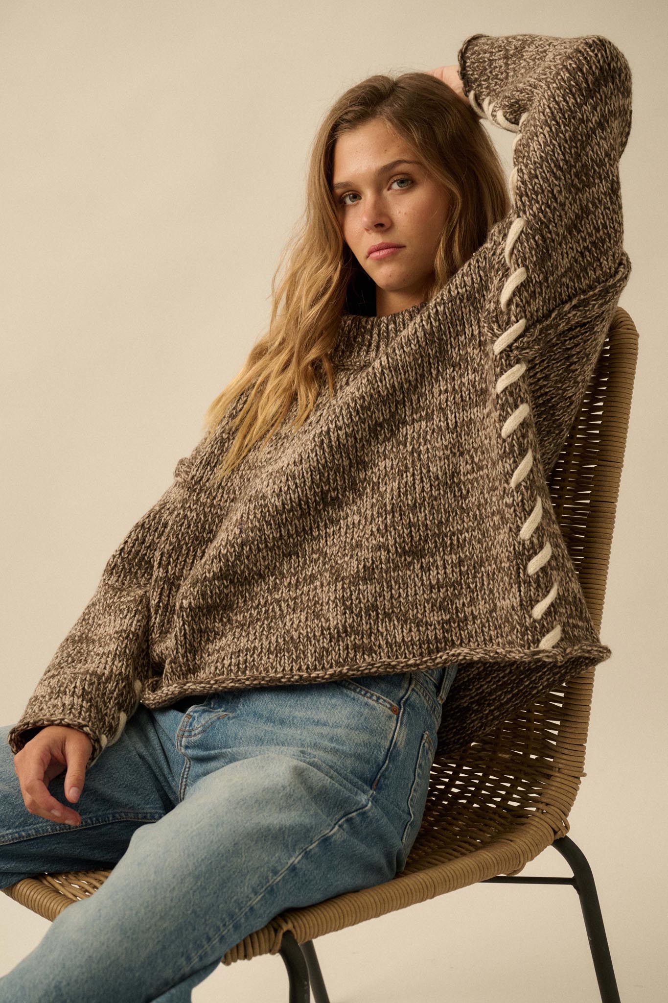 Seams to Me Marled Knit Stitch-Detail Sweater - ShopPromesa