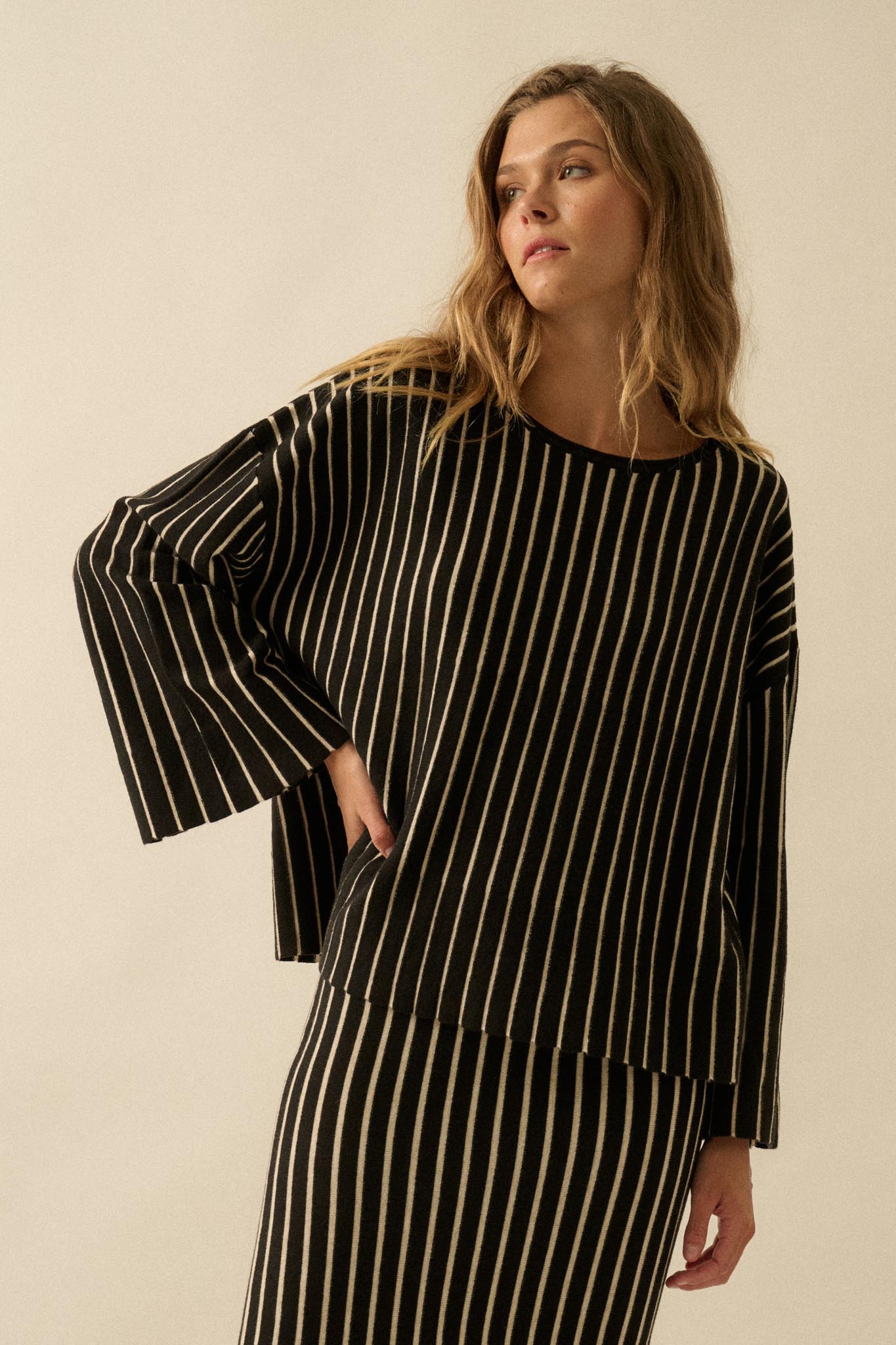 On the Line Striped Wide-Sleeve Loose-Fit Sweater - ShopPromesa