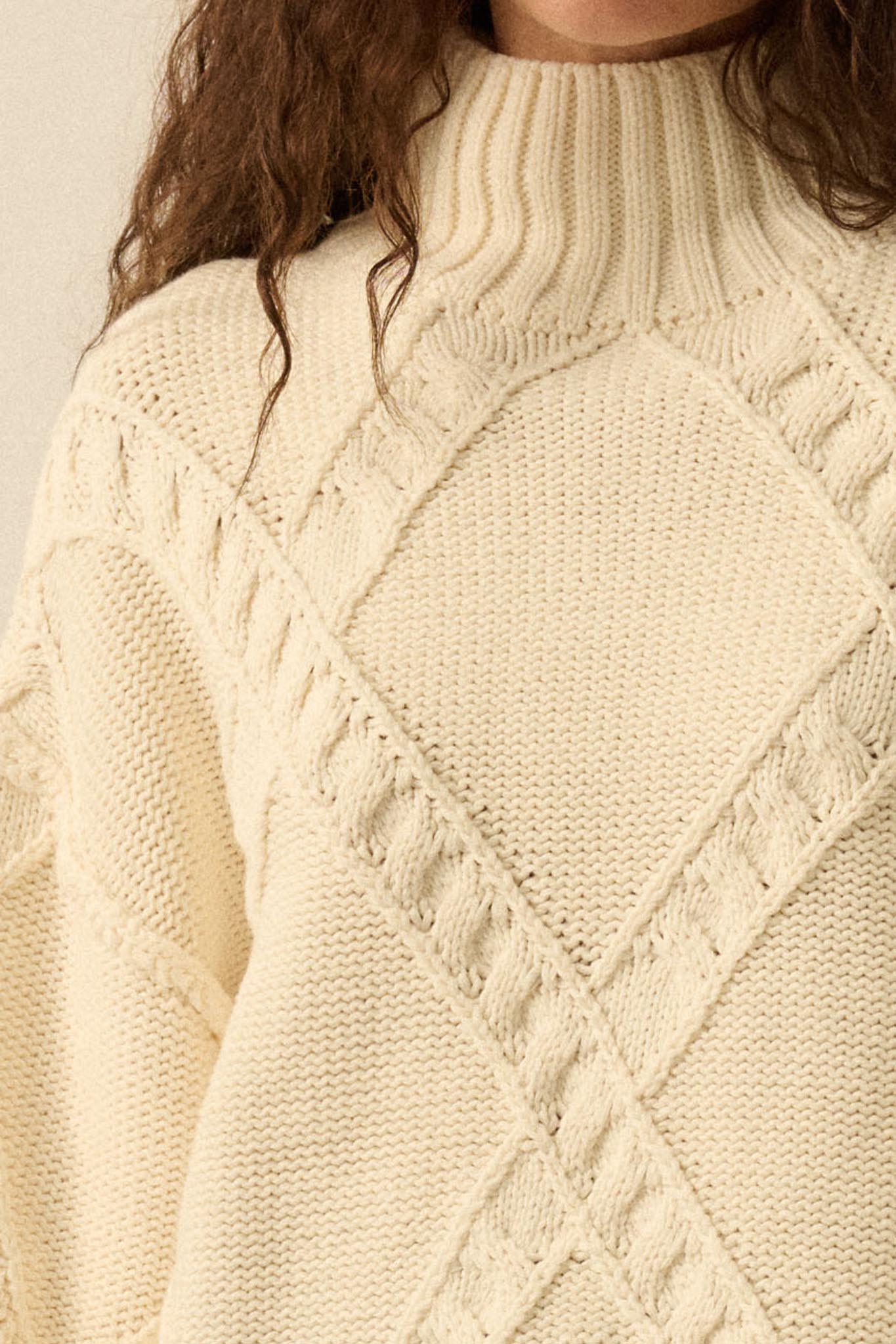Twist Ending Oversize Cable Knit Mock-Neck Sweater - ShopPromesa