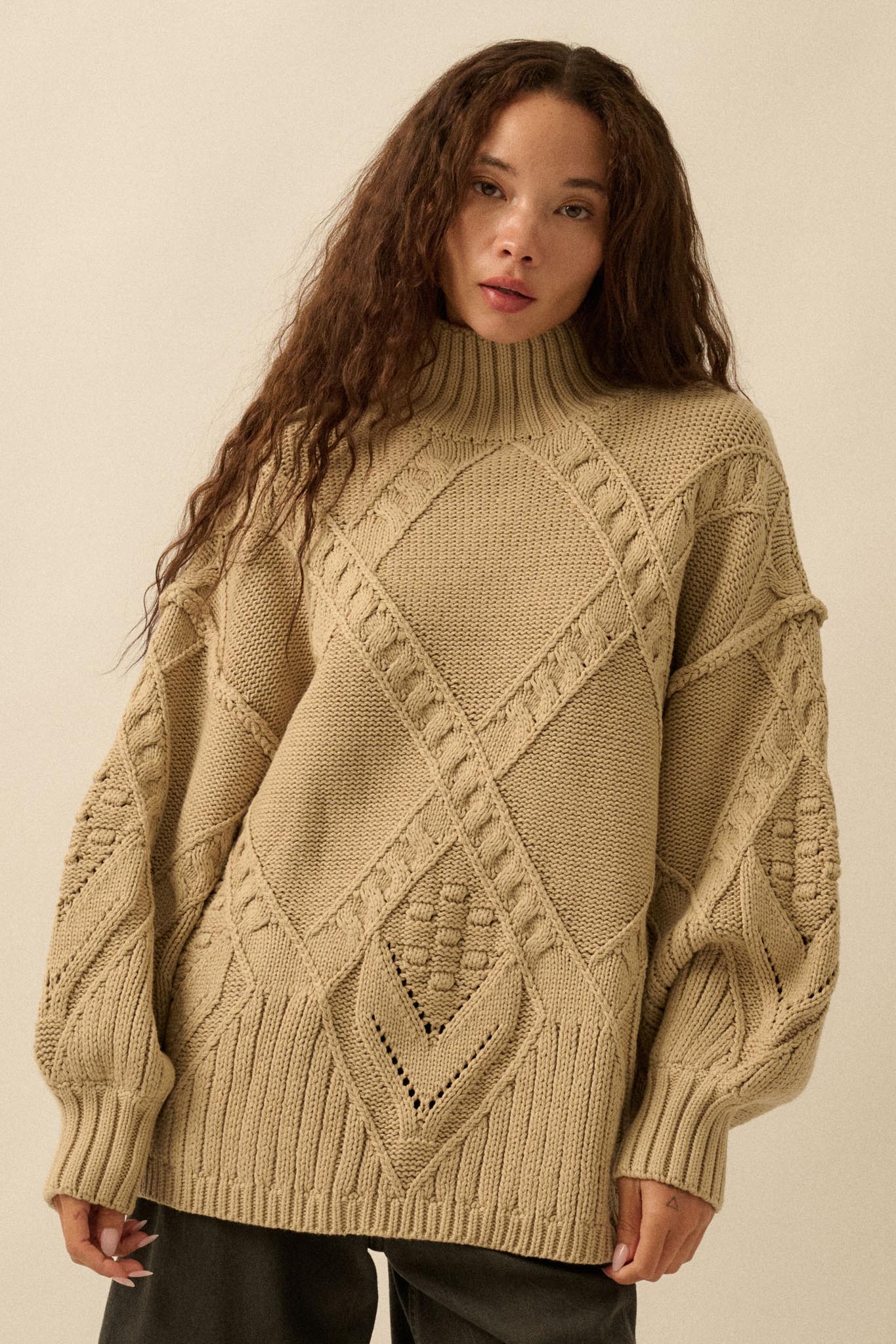 Twist Ending Oversize Cable Knit Mock-Neck Sweater - ShopPromesa