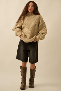 Twist Ending Oversize Cable Knit Mock-Neck Sweater - ShopPromesa