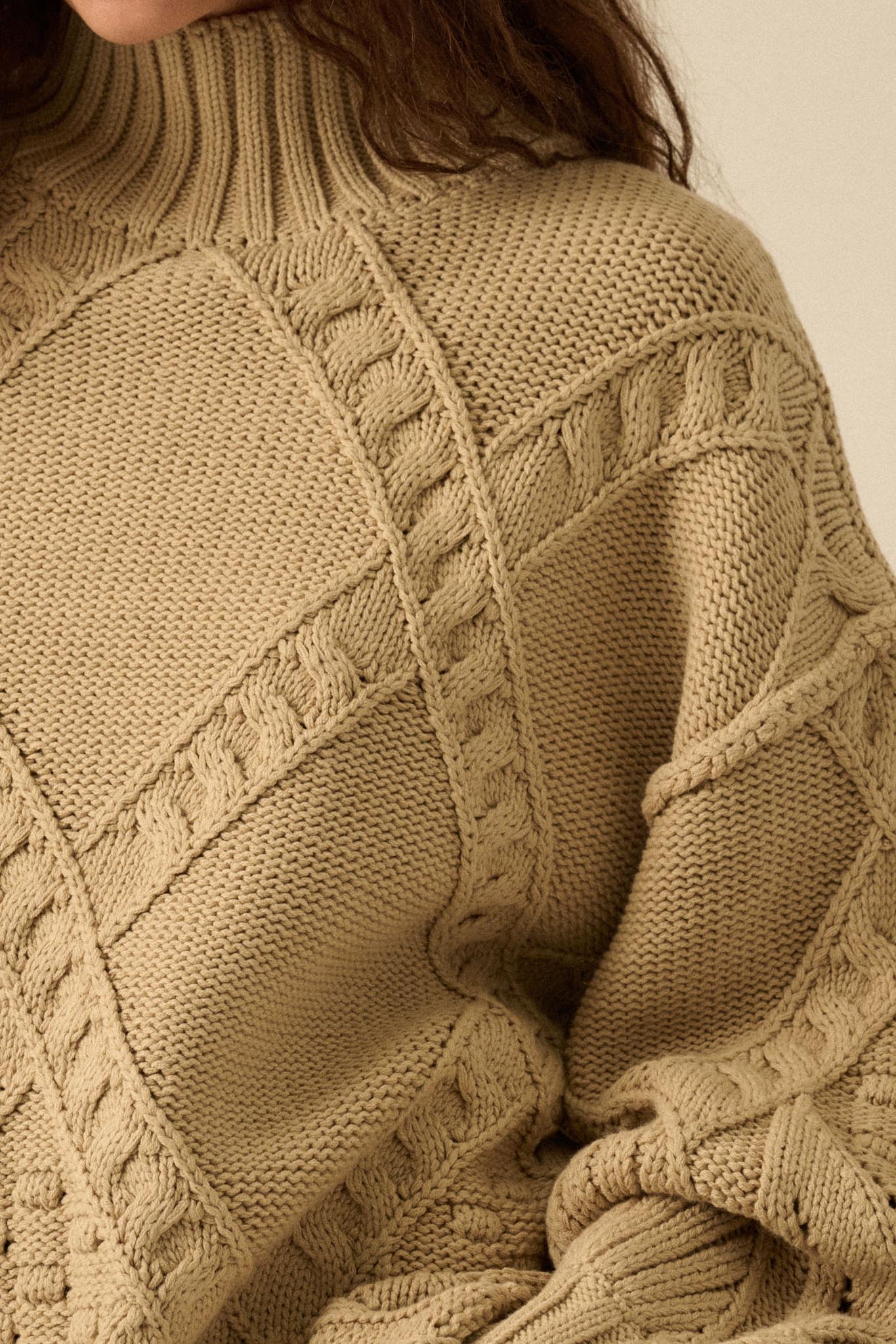 Twist Ending Oversize Cable Knit Mock-Neck Sweater - ShopPromesa