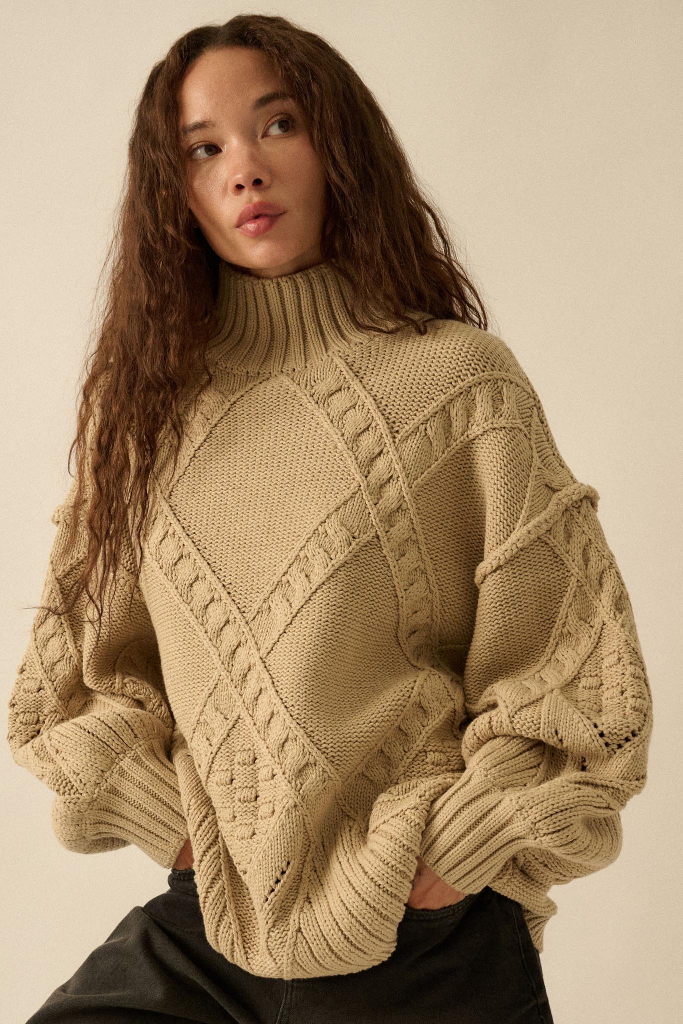 Twist Ending Oversize Cable Knit Mock-Neck Sweater - ShopPromesa