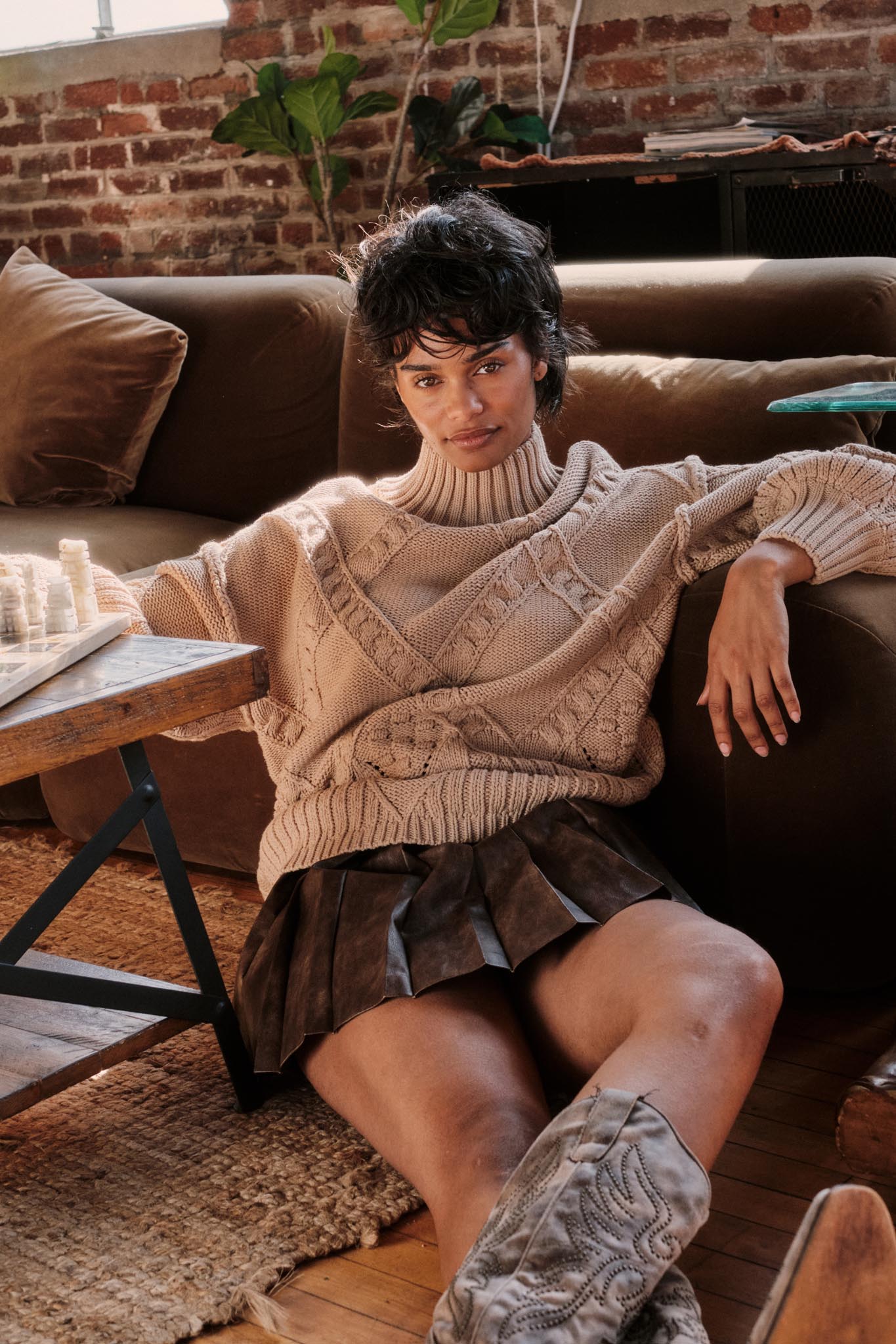 Twist Ending Oversize Cable Knit Mock-Neck Sweater