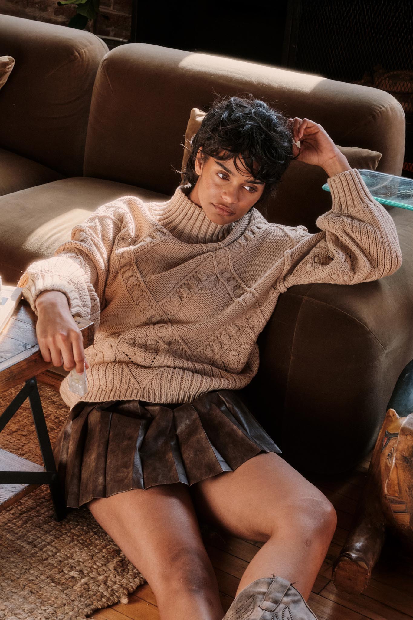 Twist Ending Oversize Cable Knit Mock-Neck Sweater