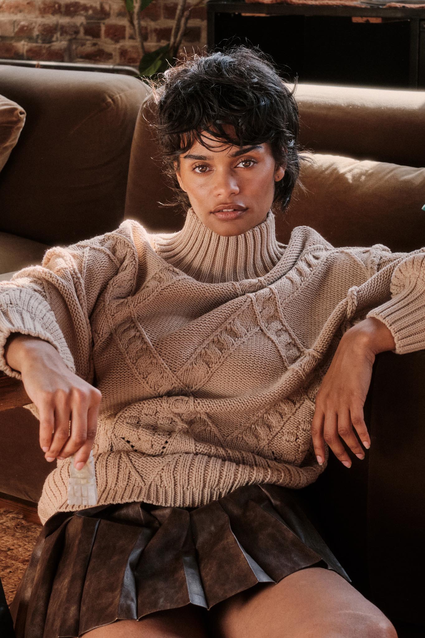 Twist Ending Oversize Cable Knit Mock-Neck Sweater