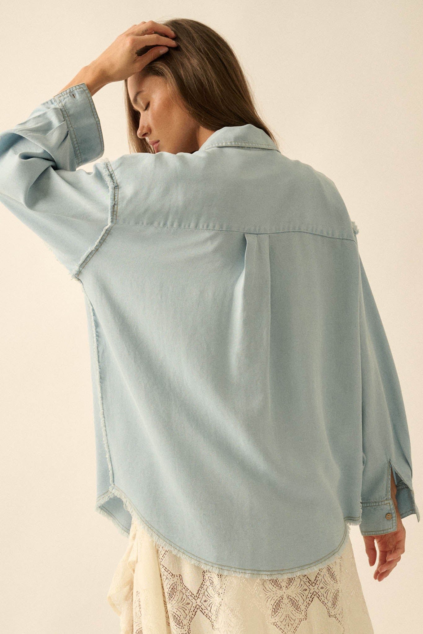 Blue Collar Denim Raw-Edge Button-Up Pocket Shirt - ShopPromesa