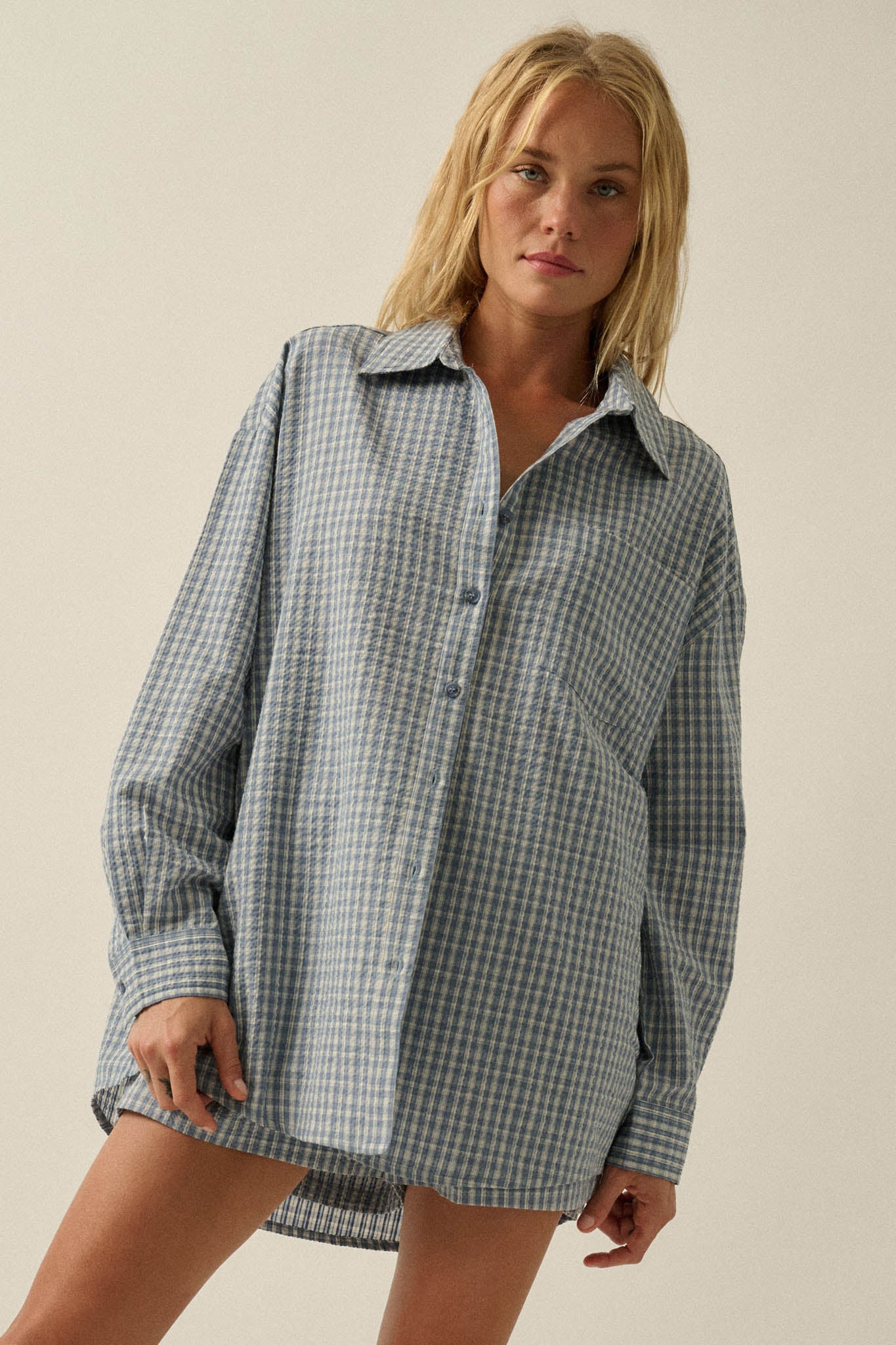 Sunday Funday Plaid Seersucker Button-Up Shirt - ShopPromesa