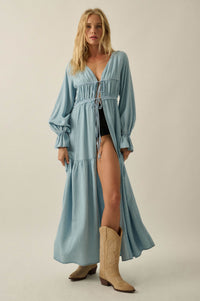 Sky Dancer Denim Tie-Front Poet-Sleeve Maxi Top - ShopPromesa