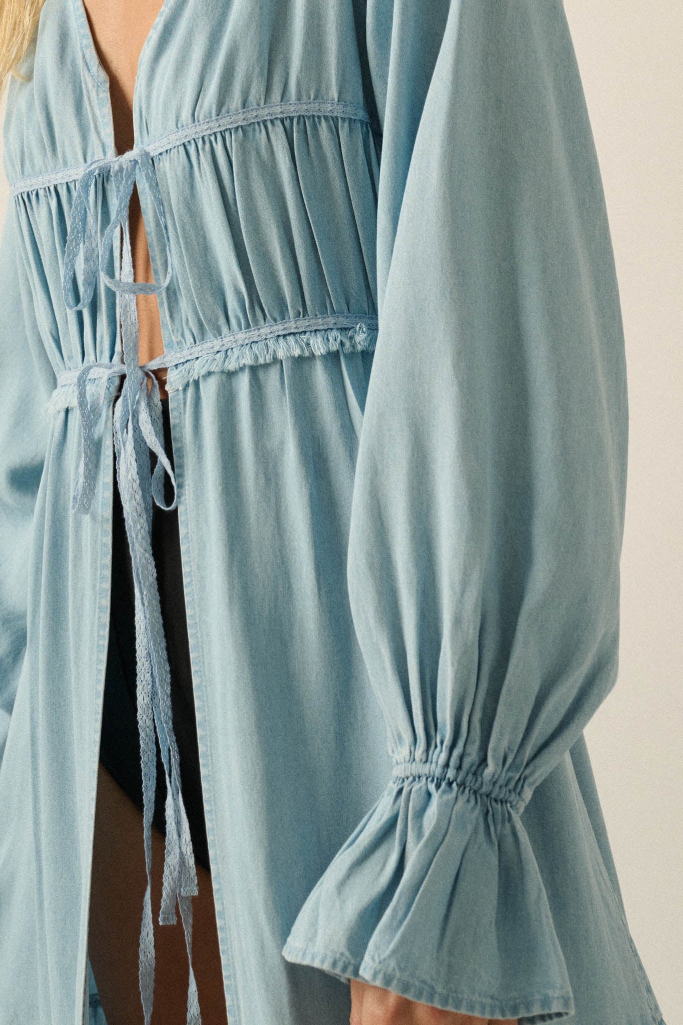 Sky Dancer Denim Tie-Front Poet-Sleeve Maxi Top - ShopPromesa
