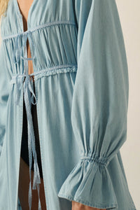Sky Dancer Denim Tie-Front Poet-Sleeve Maxi Top - ShopPromesa