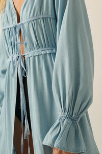 Sky Dancer Denim Tie-Front Poet-Sleeve Maxi Top - ShopPromesa