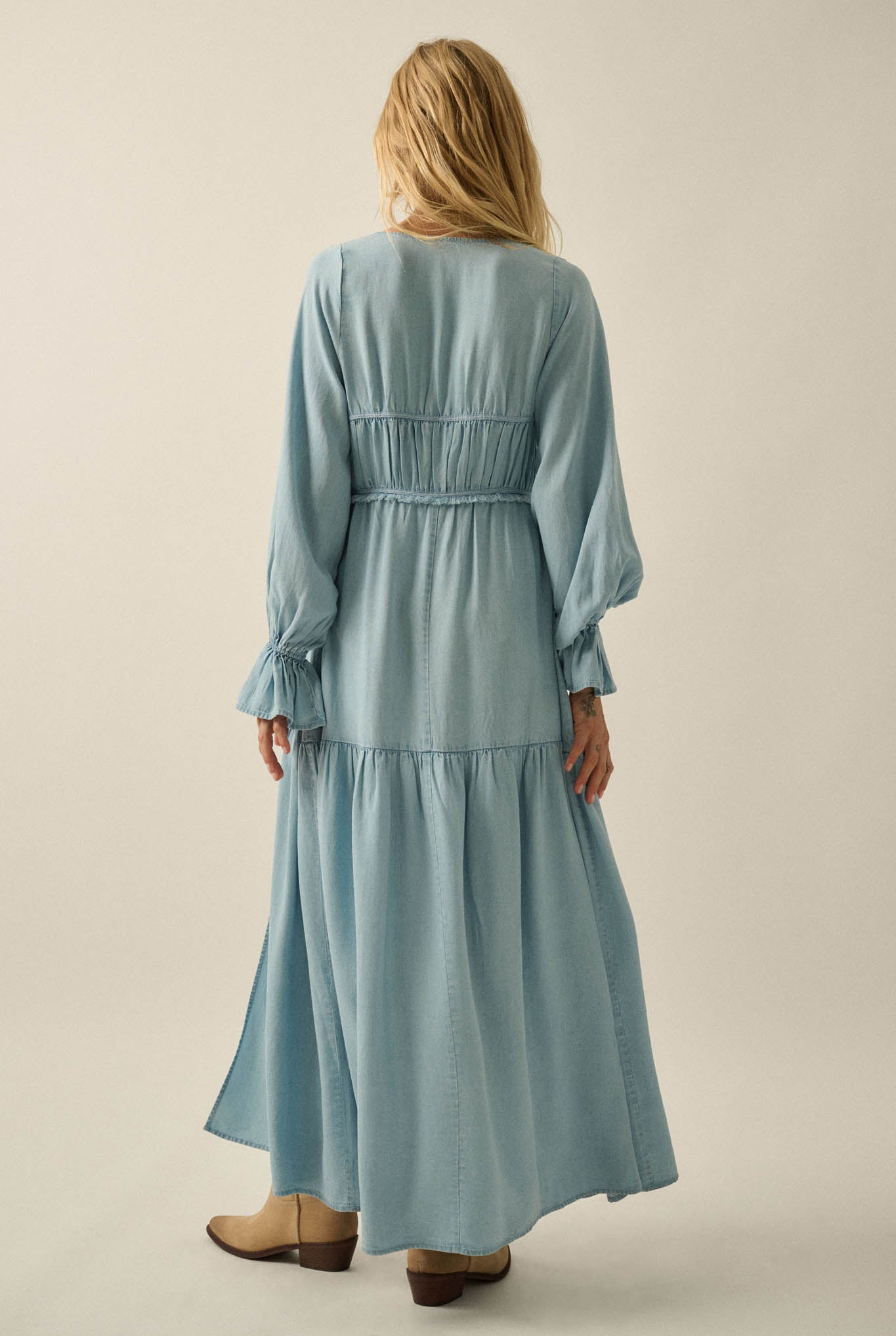 Sky Dancer Denim Tie-Front Poet-Sleeve Maxi Top - ShopPromesa