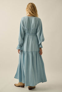 Sky Dancer Denim Tie-Front Poet-Sleeve Maxi Top - ShopPromesa