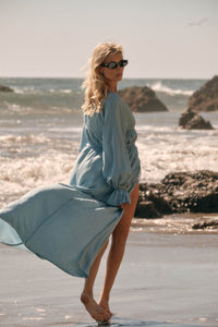Sky Dancer Denim Tie-Front Poet-Sleeve Maxi Top - ShopPromesa