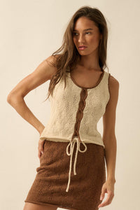 Say So Pointelle Contrast Keyhole Sweater Tank Top - ShopPromesa