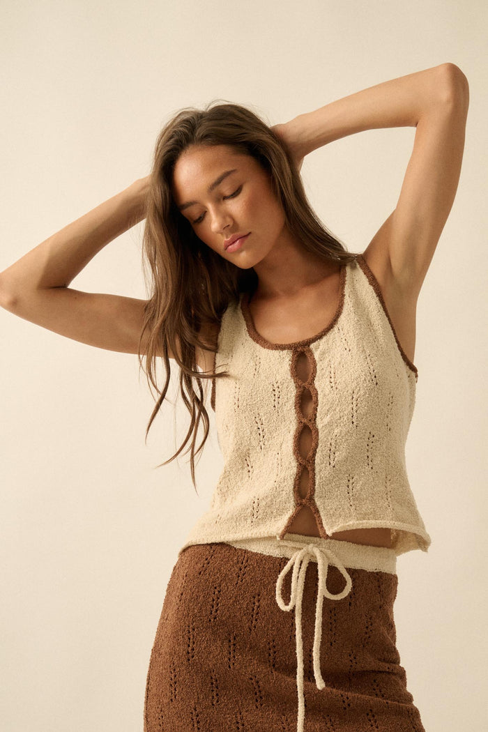 Say So Pointelle Contrast Keyhole Sweater Tank Top - ShopPromesa