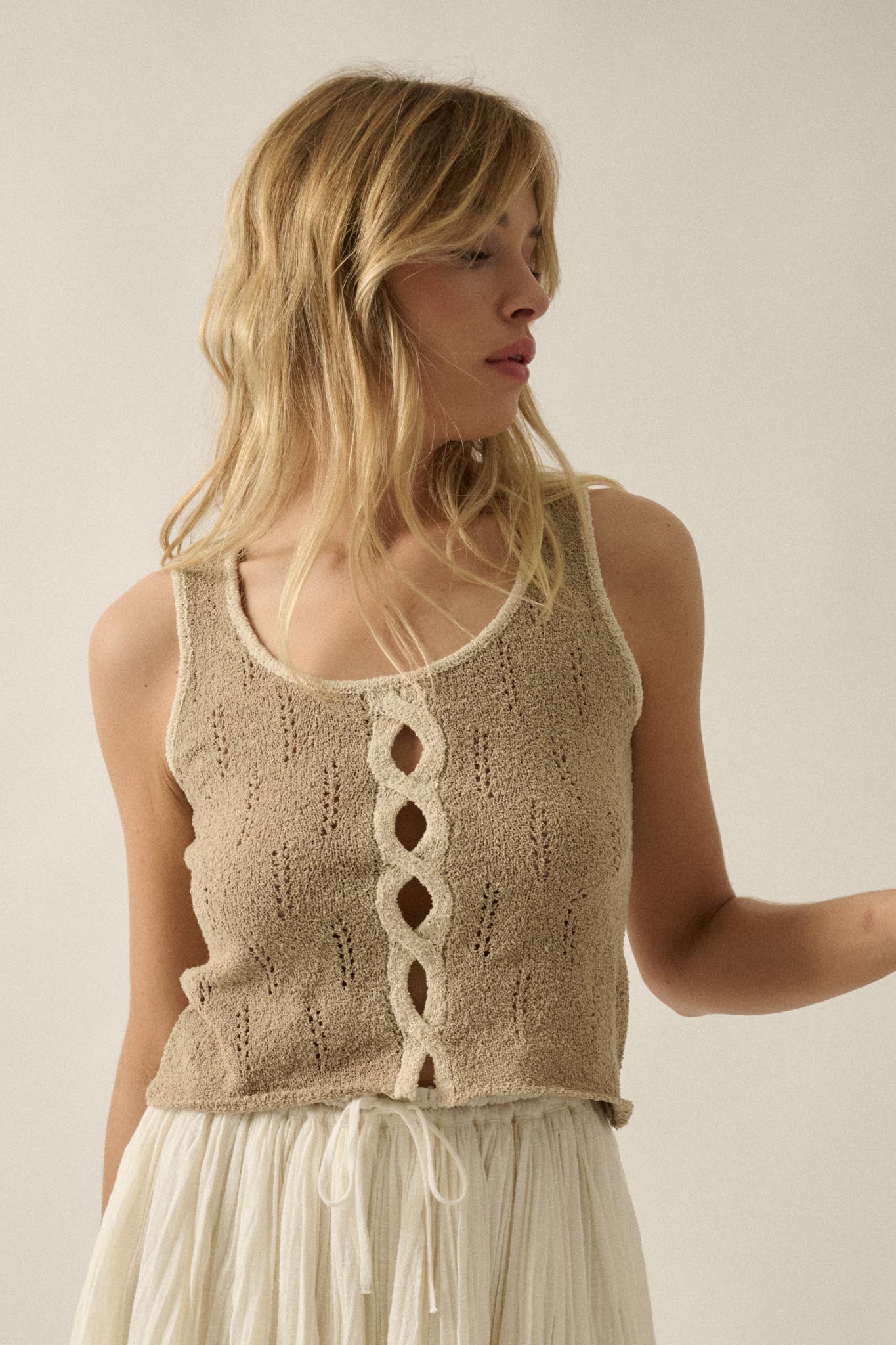 Say So Pointelle Contrast Keyhole Sweater Tank Top - ShopPromesa