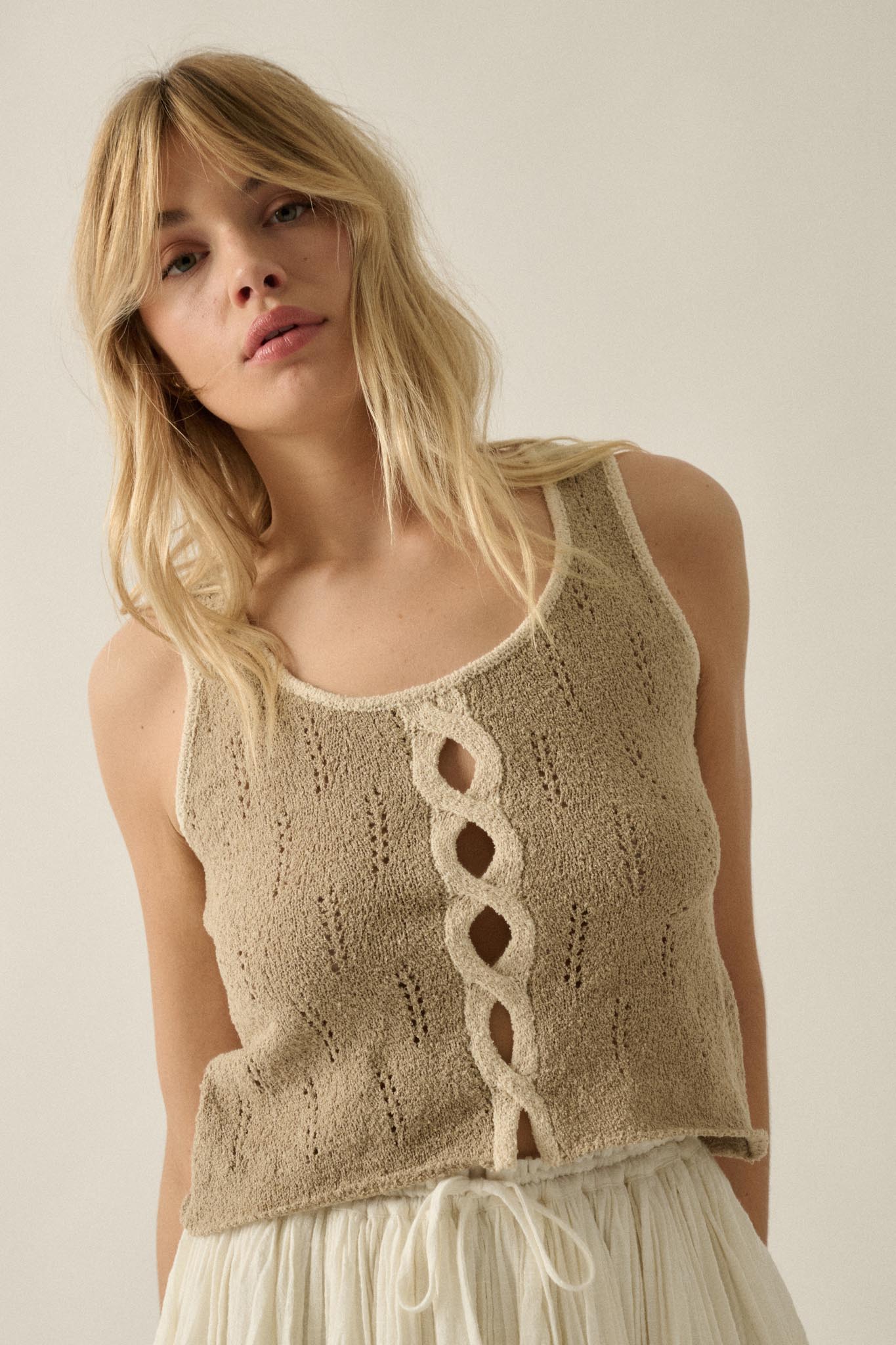 Say So Pointelle Contrast Keyhole Sweater Tank Top - ShopPromesa