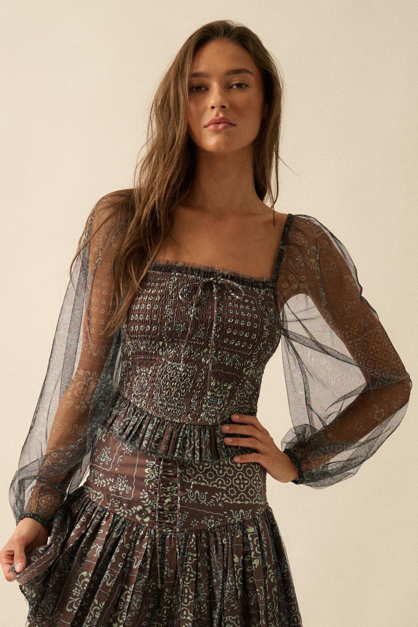 Bandana Belle Smocked Floral Tulle Peasant Top - ShopPromesa