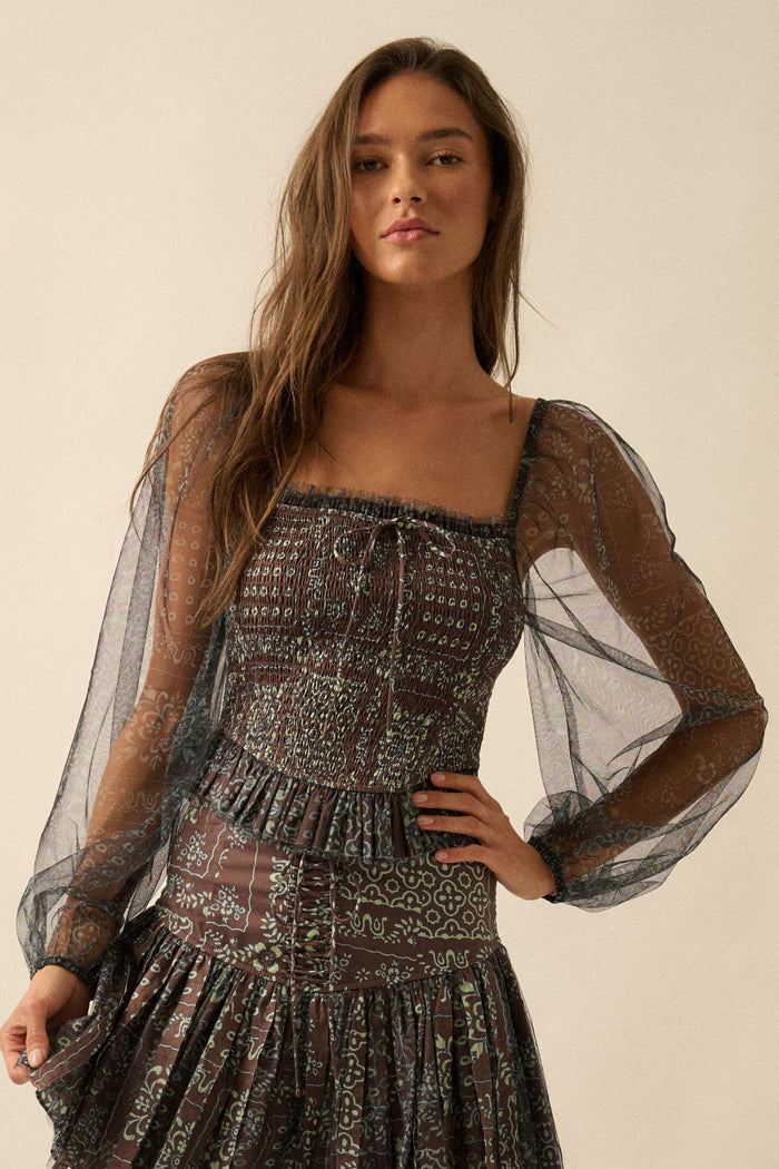 Bandana Belle Smocked Floral Tulle Peasant Top - ShopPromesa