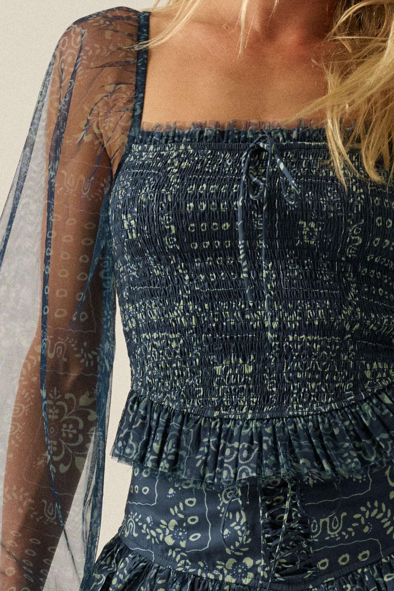 Bandana Belle Smocked Floral Tulle Peasant Top - ShopPromesa