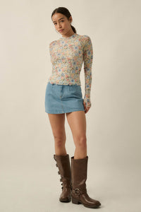 Lovely Blossoms Floral Mesh Mock-Neck Thumbhole Top - ShopPromesa